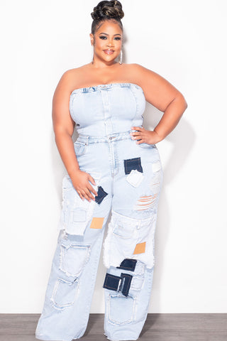 Final Sale Plus Size Patchwork Cargo Jumpsuit in Denim (Jumpsuit Only)