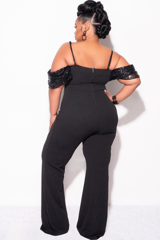 Final Sale Plus Size Off The Shoulder Faux Wrap Sequin Jumpsuit Black