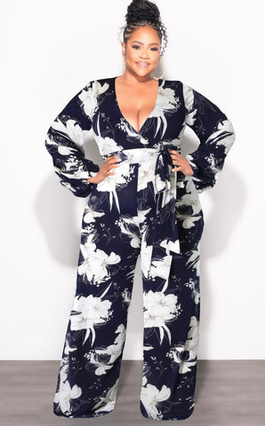 Final Sale Plus Size Faux Wrap Jumpsuit with Waist Tie in Navy and White Floral Print