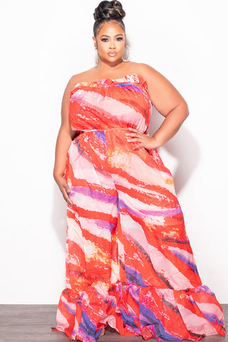 Final Sale Plus Size Strapless Chiffon Jumpsuit in Multi Color Print