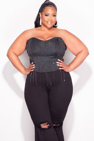 Final Sale Plus Size Fringe Rhinestone Tube Top in Black