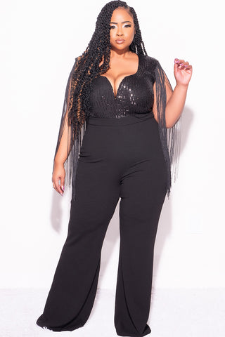 Final Sale Plus Size Fringe Shoulder Faux Wrap Sequin Jumpsuit Black