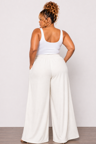 Final Sale Plus Size High-Waist Pleated Wide Leg Slacks in Off White (Pants Only)