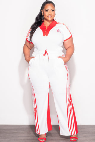 Final Sale Plus Size 2pc Color-Block Collar Crop Top and Pants Set in White and Red