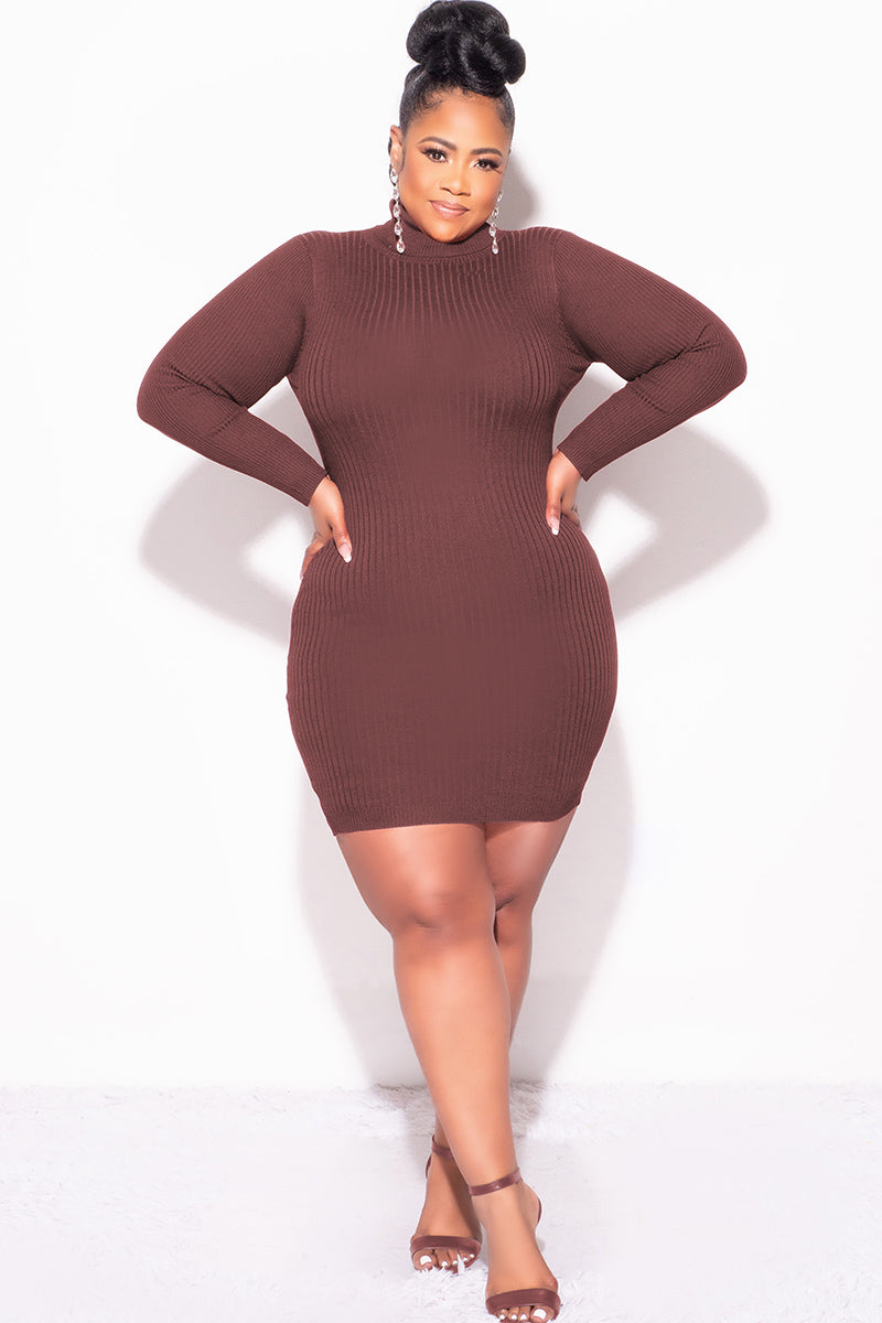 Final Sale Plus Size Ribbed Turtle Neck Dress in Brown – Chic And Curvy