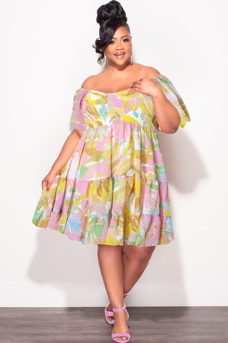 Final Sale Plus Size Smocked Chiffon Baby Doll Dress in Pink & Yellow Chic And Curvy Final Sale Plus Size Smocked Chiffon Baby Doll Dress in Pink & Yellow Chic And Curvy