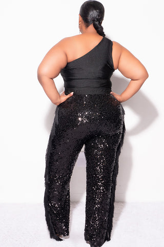 Final Sale Plus Size 2pc One Shoulder ToP and Sequin Fringe Pants in Black