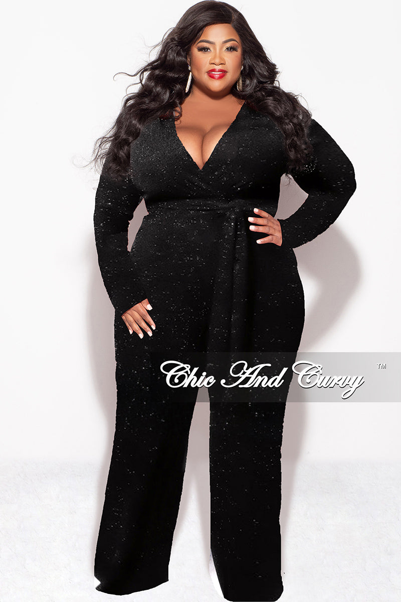 Final Sale Plus Size Long Sleeve Faux Wrap Jumpsuit with Attached Tie in Black Glitter Fabric