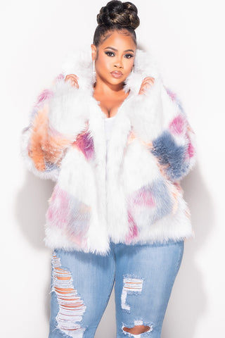Final Sale Plus Size Faux Fur Hooded Jacket in White Multi-Color Print