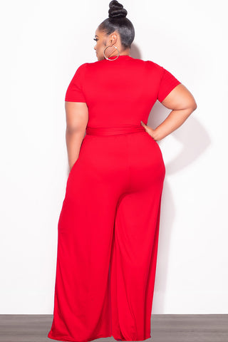 Final Sale Plus Size 2pc Short Sleeve Tie Top and Pants Set in Red