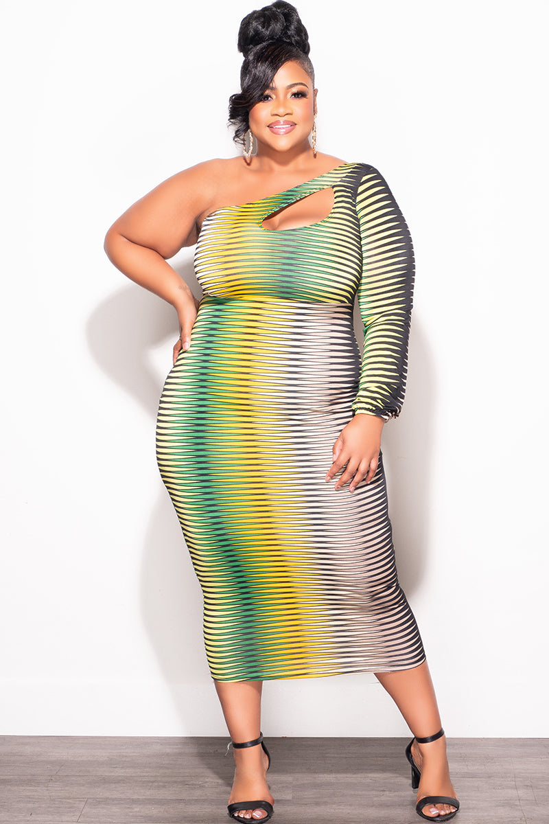 Final Sale Plus Size One Shoulder Midi Dress in Green Tan Mustard and Black Final Sale Plus Size One Shoulder Midi Dress in Green Tan Mustard and Black