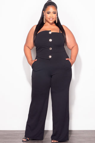 Final Sale Plus Size Spaghetti Strap Jumpsuit with Gold Button Detail in Black