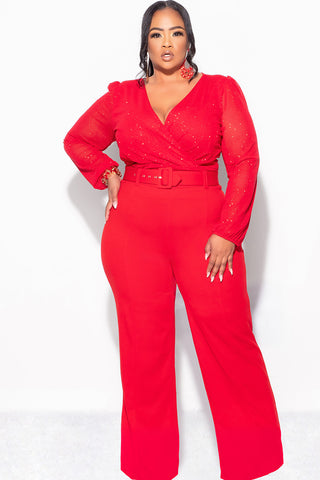 Final Sale Plus Size Sheer Glitter Faux Wrap Top in Red