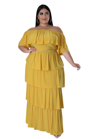 Final Sale Plus Size 2pc Ruffle Tiered Off the Shoulder Crop Top Maxi Skirt Set in Mustard