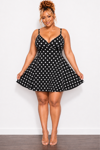 Final Sale Plus Size Spaghetti Strap Knit Crepe Dress in Black & White Polka Print