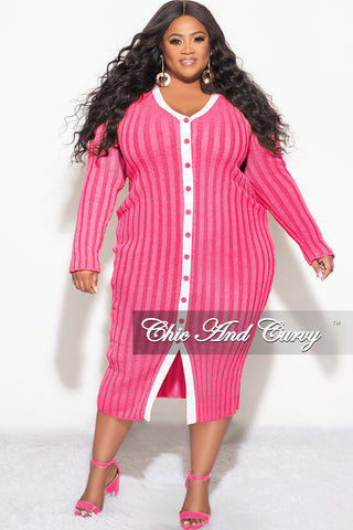 Final Sale Plus Size Collar Button Up Midi Dress in Pink