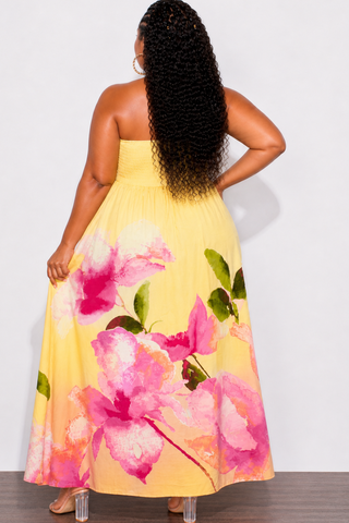 Final Sale Plus Size Floral Maxi Dress with Smocked Back in Yellow