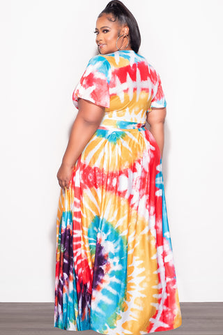 Final Sale Plus Size 2pc (Faux Wrap Crop Tie Top & Skirt) Set in Red /Purple Multi Tie Dye