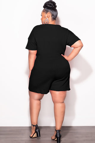 Final Sale Plus Size Short Sleeve French Terry V Neck Romper in Black