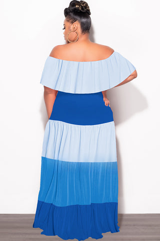 Final Sale Plus Size Off The Shoulder Tiered Maxi Dress in in Baby Blue and Royal Blue