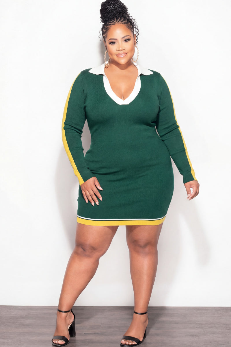 Final Sale Plus Size Knit Sweater Mini Dress in Green/combo