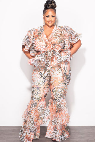 Final Sale Plus Size 2pc Faux Wrap Top and High Waist Legging Ruffle Pants in Multicolor Print