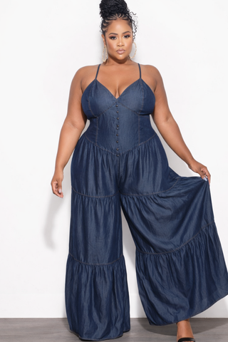 Final Sale Plus Size Spaghetti Strap V Hip Line Jumpsuit in Dark Denim Chambray