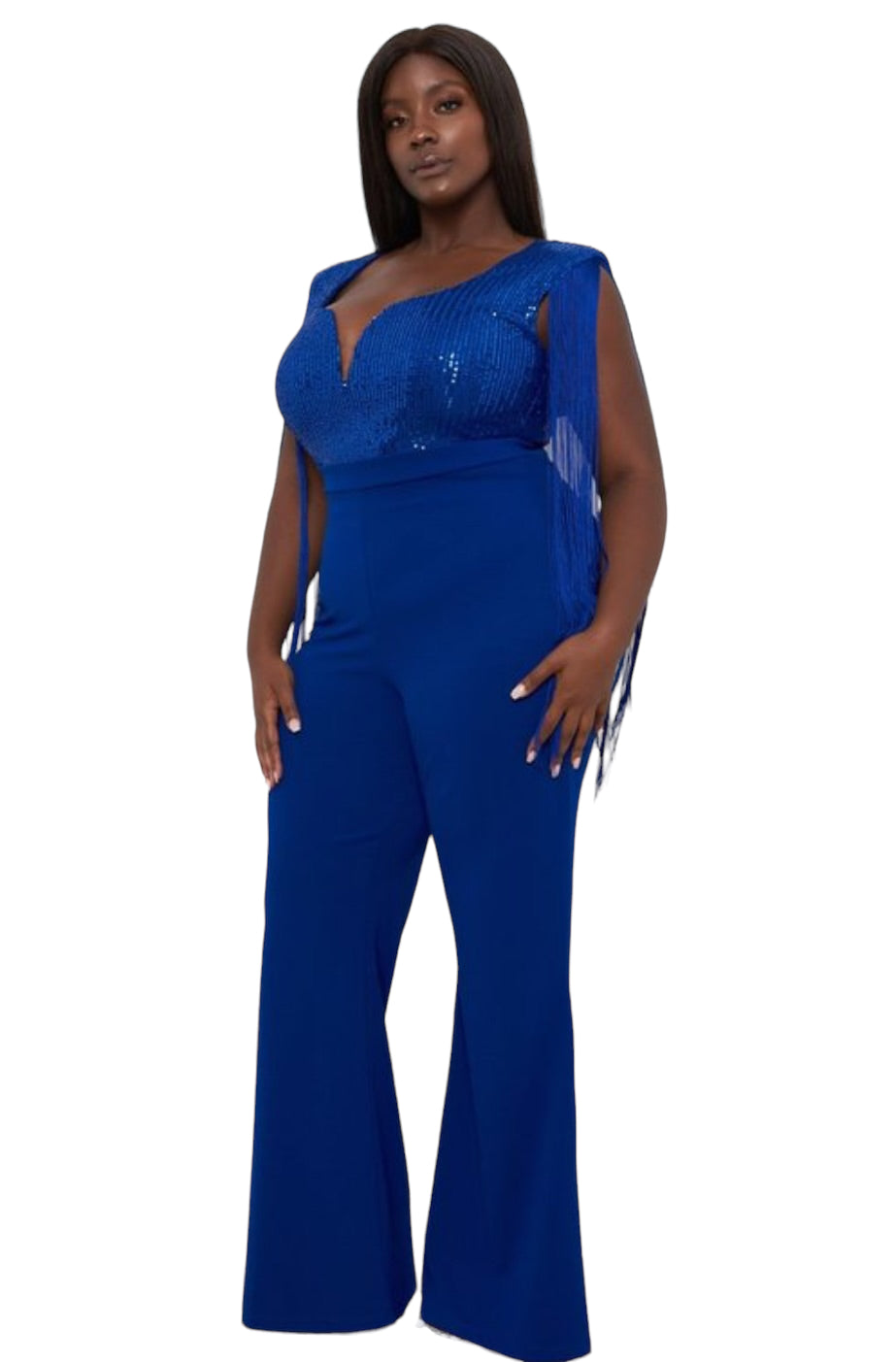 Final Sale Plus Size Fringe Shoulder Faux Wrap Sequin Jumpsuit Royal Blue