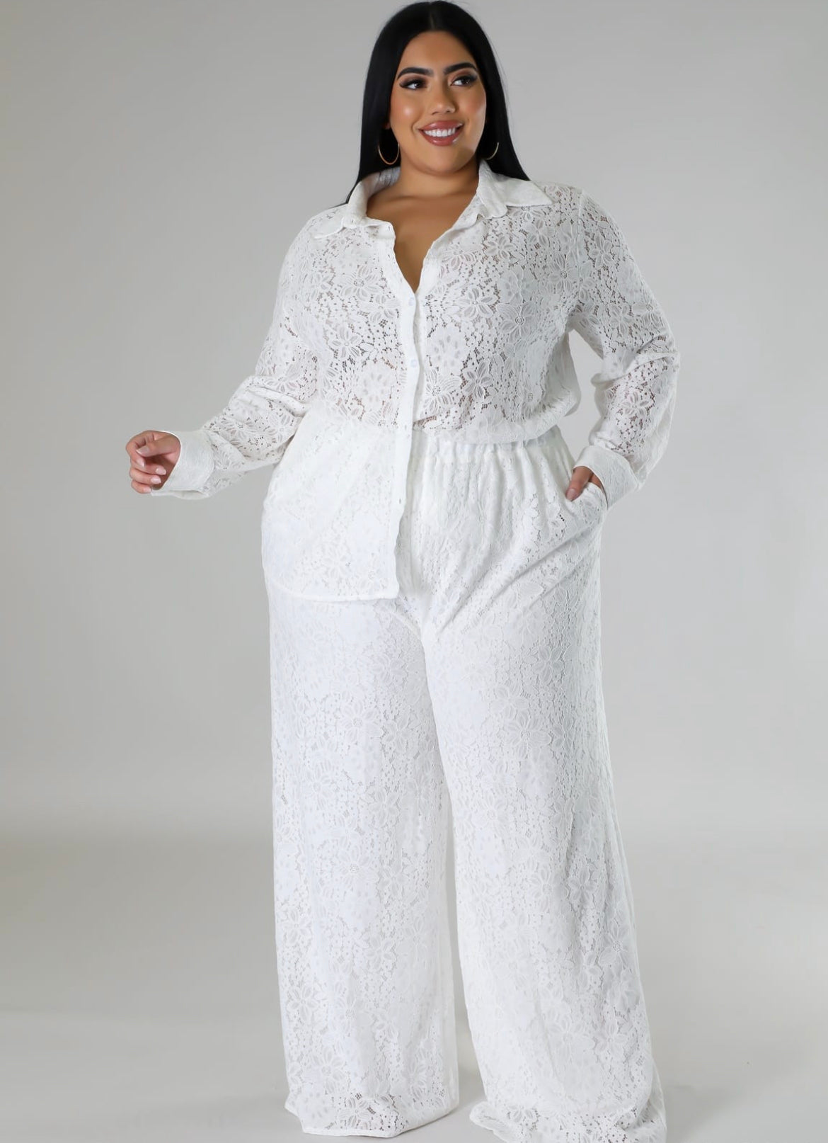 Final Sale Plus Size 2pc Collar Button Up Top And Pants Set In Ivory