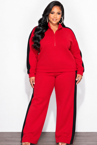 Final Sale Plus Size 2pc Zip-Up Fleece Pant Set in Red & Black