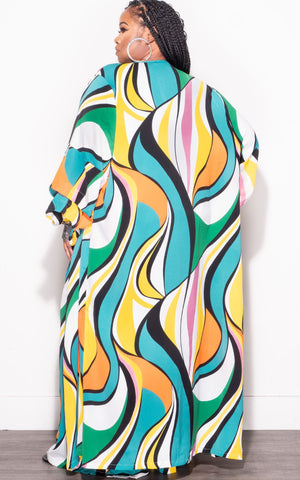 Final Sale Plus Size 2pc Chiffon Kaftan with Bling Cuffs and Pants Set in Turquoise Multi Color Design Print