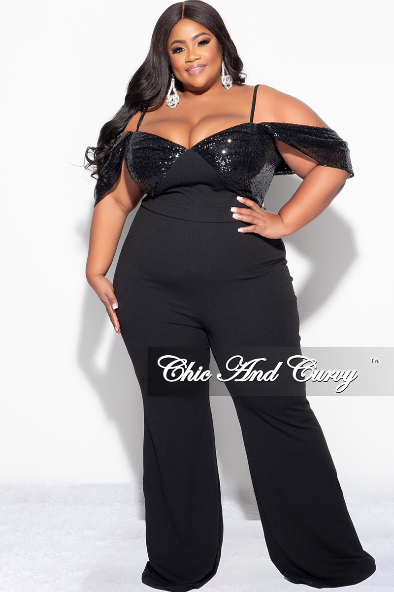 Final Sale Plus Size Off The Shoulder Faux Wrap Sequin Jumpsuit Black