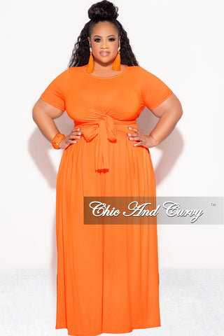 Final Sale Plus Size 2pc Short Sleeve Tie Top and Skirt Set in Orange