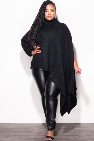 Final Sale Plus Size One Shoulder Turtleneck Poncho in Black