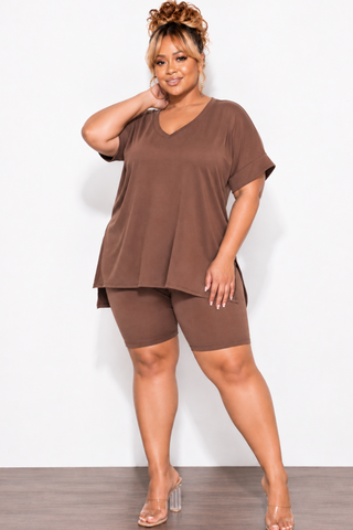 Final Sale Plus Size 2pc V-Neck Tunic Top and Matching Shorts Set in Brown