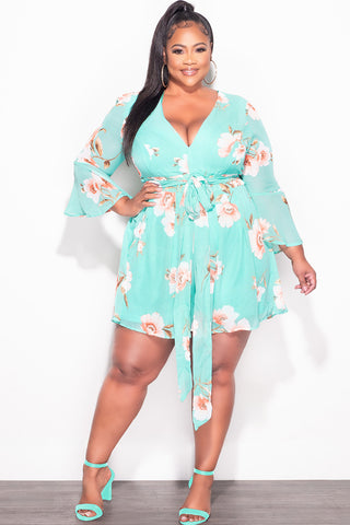 Final Sale Plus Size Chiffon Faux Wrap Bell Sleeve Romper in Teal Floral Print