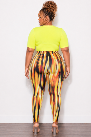 Final Sale Plus Size 2pc Long Sleeve Crop Tie Top and Mesh Pants in Neon Green Multi Color