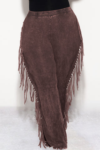 Final Sale Plus Size High Waist Fringe Trim Pants in Brown Acid Wash Print Jersey