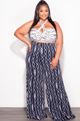 Final Sale Plus Size 2pc Set Black & White Self Tie Top & Pants in Navy & White Chain Print