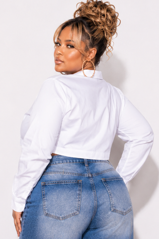 Final Sale Plus Size Cropped Button Down Collar Button Blouse Poplin in White