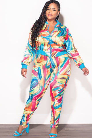Final Sale Plus Size 2pc Cropped Satin Zip-Up Jacket and Pants Set in Multi Color Swirl Print