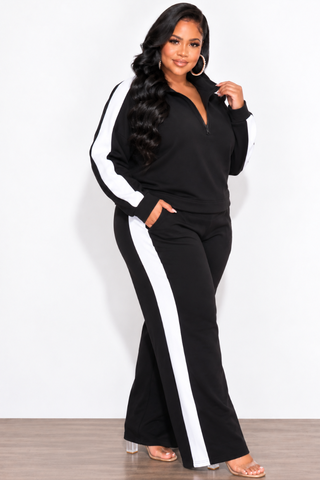 Final Sale Plus Size 2pc Zip-Up Fleece Pant Set in Black & White