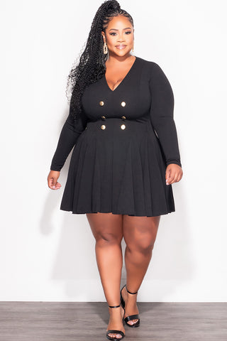 Final Sale Plus Size Long Sleeve Baby Doll Dress with Gold Buttons in Black