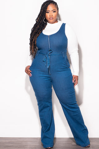Final Sale Plus Size Sleeveless Zip-Up Jumpsuit with Attached Tie in Dark Denim