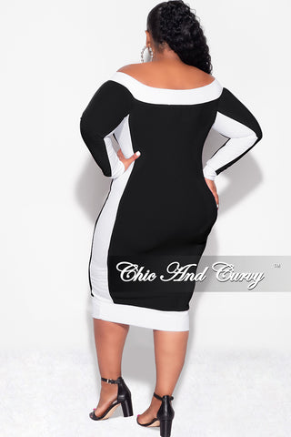 Final Sale Plus Size Off the Shoulder BodyCon Dress in Black with White Trim