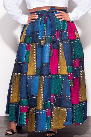 Final Sale Plus Size High Waist Maxi Skirt with Tie in Multi Color Print