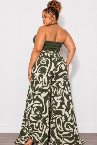 Final Sale Plus Size Halter Jumpsuit with Olive Top and Olive & Tan Bottom