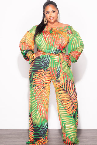 Final Sale Plus Size Off The Shoulder Jumpsuit with Waist Tie in Tropical Print