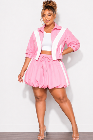 Final Sale Plus Size (Windbreaker Fabric) 2pc Skirt Set in Pink with White Stripes