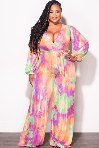 Final Sale Plus Size Faux Wrap Jumpsuit with Attached Tie in Orange Purple Green and Gold Foil Tie Dye Print